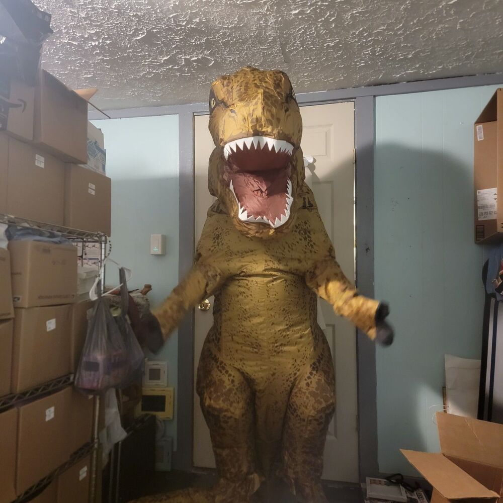 Inflatable T-Rex Adult Costume Battery Operated Fan Lenticular Eyes Gloves